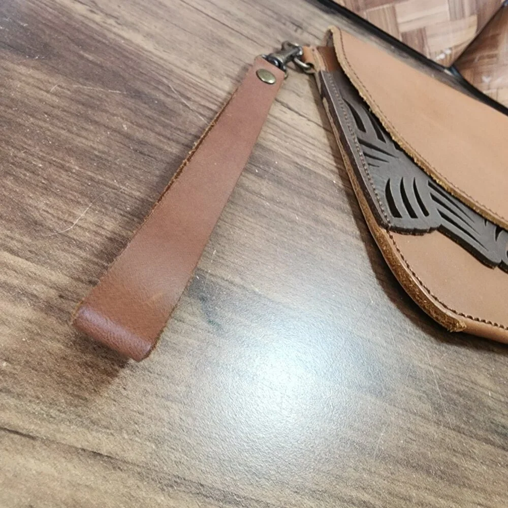 LC Fine Leather Goods Brown Leather Handbag Cutouts Unique Wristlet Clutch EUC‎